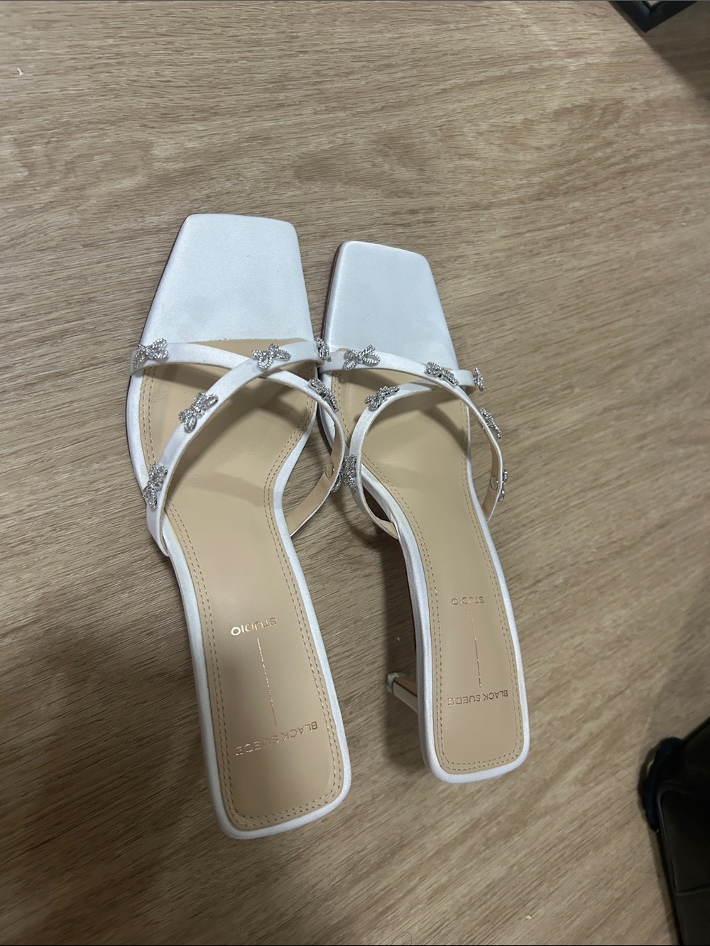 White Crystal-Strap Square-Toe Heeled Sandals